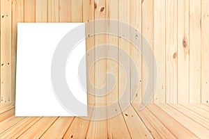 Blank Poster in wood wall and wooden floor room,Template M