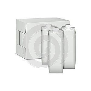 Blank pour spout carton with screw cap set and cardboard box packaging vector mockup. Milk, juice or other drink pack. Template