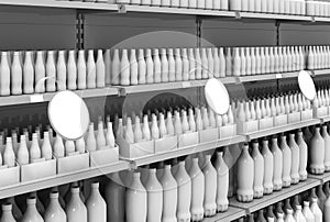 Blank products on supermarket racks and round wobblers.