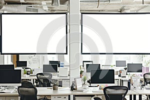 blank promotional banners above desks in an openplan office space photo