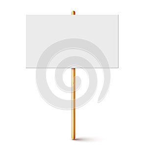 Blank protest sign with wooden holder. Realistic vector demonstration banner. Strike action cardboard placard mockup.