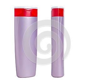 Blank purple plastic isolated bottle. Packaging for shampoo, cosmetic. Front and side view