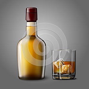 Blank realistic bottle with glass of whiskey and