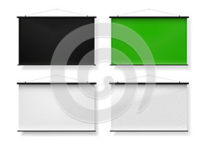 Blank realistic set of portable projection screen. The black, green, white, transparent. Vector illustration. Isolated on white