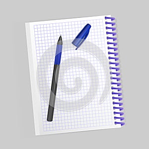 Blank realistic spiral notepad notebook and realistic pen isolated on white background. Display Mock up for your entries