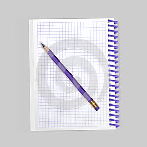 Blank realistic spiral notepad notebook and realistic pencil isolated on white background. Display Mock up for your