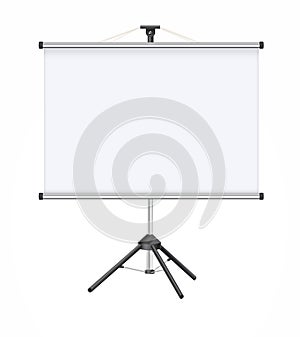 Blank realistic tripod portable projection screen. Isolated on white background. Vector