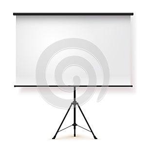 Blank realistic tripod portable projection screen. Vector illustration. Isolated on white background.