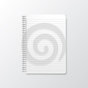 Blank realistic vector horizontal lined notebook with shadow. Vertical blank copybook with metallic silver spiral.