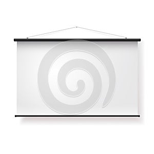 Blank realistic white portable projection screen. Vector illustration. Isolated on white background.