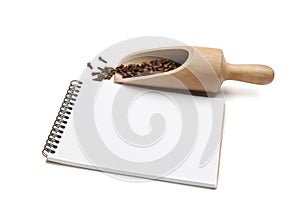Blank recipe book, wooden scoop with cloves on white background. Space for text