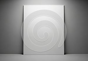 A blank, rectangular canvas stands vertically against a gray wall
