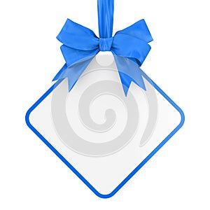 Blank Rectangular Sale Tag with Blue Ribbon and Bow. 3d Rendering