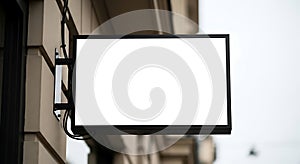 Blank Rectangular Signboard Mockup with Black Frame on Building Facade