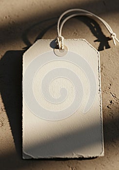 A blank, rectangular tag made of textured white paper lies on a rough surface. The tag