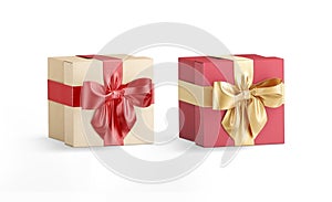 Blank red and gold gift box ribbon bow mockup, isolated
