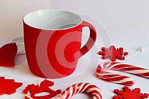 Blank red mug isolated on white background,mat tea or coffee cup with christmas and new year decoration,mock up with