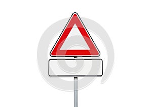 Blank red triangle warning sign with white rectangular plaque