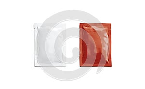 Blank red and white sachet packet mockup, isolated, top view,
