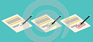 Blank, rejected and approved stamp in contract. Flat vector