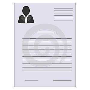 Blank resume with a man silhouette icon. Curriculum vitae, job application form with the concept of profile photo. Modern flat