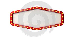 Blank retro billboard sign or blank white signboard with yellow glowing neon light bulbs isolated on white background 3D render