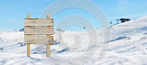 Blank road sign in ski resort. Ski lift and slopes in background