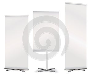 Blank roll up banner. 3d render set.