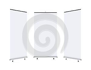 Blank roll-up banner display. Roll up banner stand. Vector stock illustration