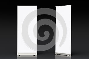 blank roll up banner display stands on black