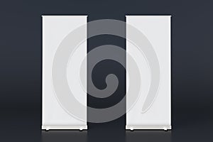 blank roll up banner display stands on black