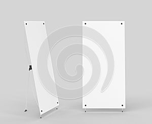 Blank roll up banner, mockup vertical x stand front and side view, 3d render. Realistic set of white board, display for