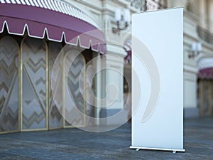 Blank roll up banner near old building. 3d rendering