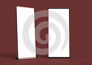 Blank roll up banners template. rendering on color background mockup