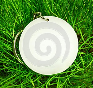 Blank round badge in green grass