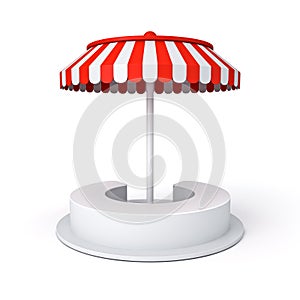 Blank round product display exhibition booth stall podium mock up stand or round bench with red and white striped awning umbrella