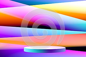 Blank Round Showcase with Empty Space On Pedestal on Multicolored Gradient Background. 3d rendering. Art Exhibition