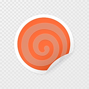 Blank round sticker with curled corners on transparent background, realistic mockup. Vector illustration