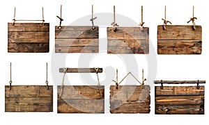 Blank rustic wooden signs collection isolated on transparent background.