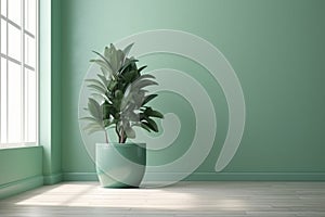 Blank sage green wall in house with green tropical tree in white modern design pot, home appliance