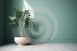 Blank sage green wall in house with green tropical tree in white modern design pot, home appliance