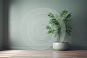 Blank sage green wall in house with green tropical tree in white modern design pot, home appliance