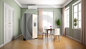 Blank sage green wall partition, large tree in pot on parquet floor in luxury. AI Generated