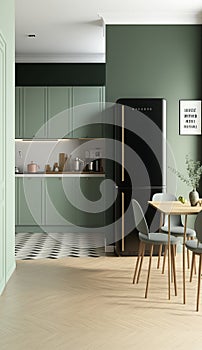 Blank sage green wall partition, large tree in pot on parquet floor in luxury. AI Generated