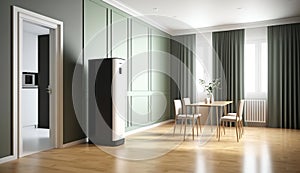 Blank sage green wall partition, large tree in pot on parquet floor in luxury. AI Generated