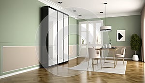 Blank sage green wall partition, large tree in pot on parquet floor in luxury. AI Generated