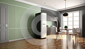 Blank sage green wall partition, large tree in pot on parquet floor in luxury. AI Generated