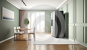 Blank sage green wall partition, large tree in pot on parquet floor in luxury. AI Generated