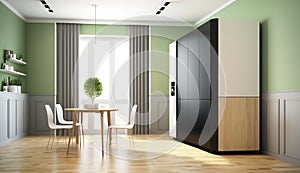 Blank sage green wall partition, large tree in pot on parquet floor in luxury. AI Generated