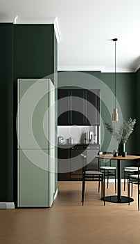 Blank sage green wall partition, large tree in pot on parquet floor in luxury. AI Generated